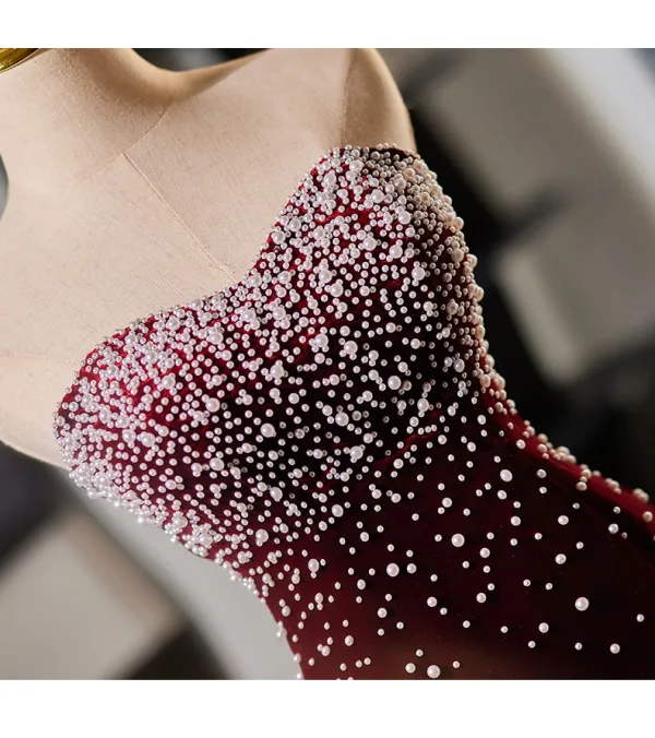 Amazing / Unique Burgundy Pearl Evening Dresses 2025 Trumpet / Mermaid Strapless Sleeveless Backless Sweep Train Evening Party Formal Dresses