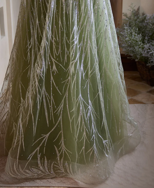 Sparkly Sage Green Beading Pearl Glitter Prom Dresses 2024 A-Line / Princess Halter Sleeveless Backless Floor-Length / Long Prom Formal Dresses