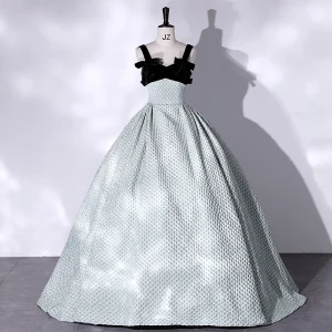 Fashion Black Prom Dresses 2022 Ball Gown Square Neckline Green Spotted Sleeveless Backless Bow Floor Length Long Formal Dresses