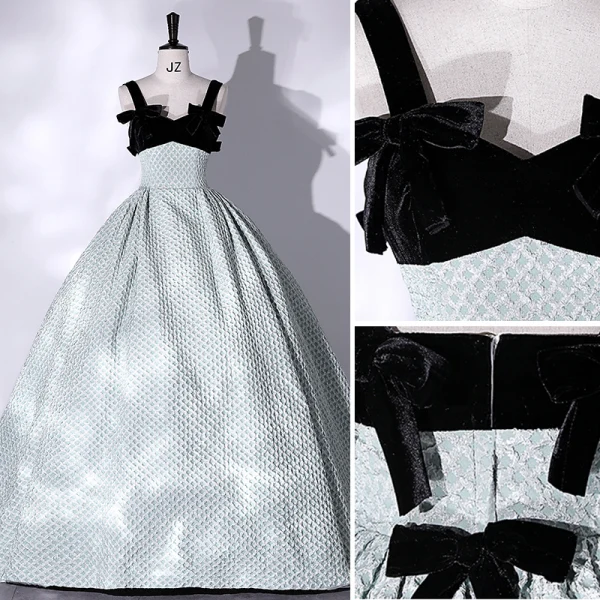 Fashion Black Prom Dresses 2022 Ball Gown Square Neckline Green Spotted Sleeveless Backless Bow Floor-Length / Long Formal Dresses
