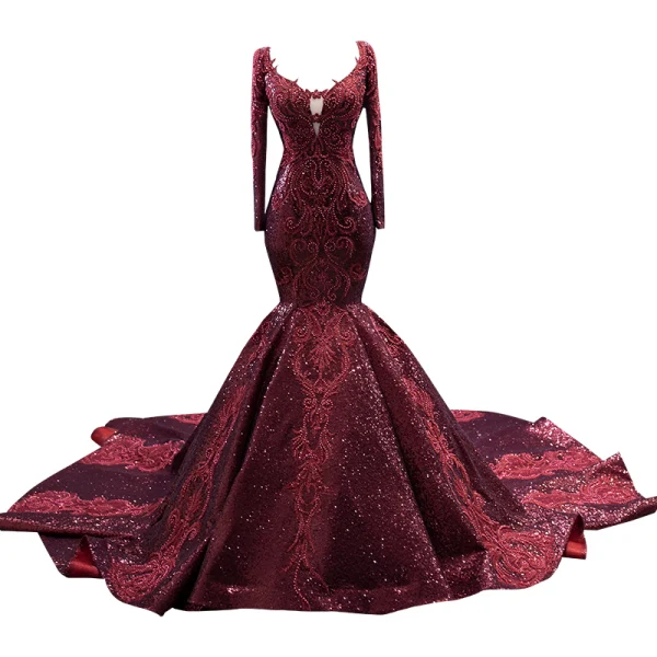 Luxury / Gorgeous High-end Burgundy Evening Dresses 2022 Trumpet / Mermaid Scoop Neck Beading Pearl Rhinestone Sequins Long Sleeve Royal Train Evening Party Formal Dresses