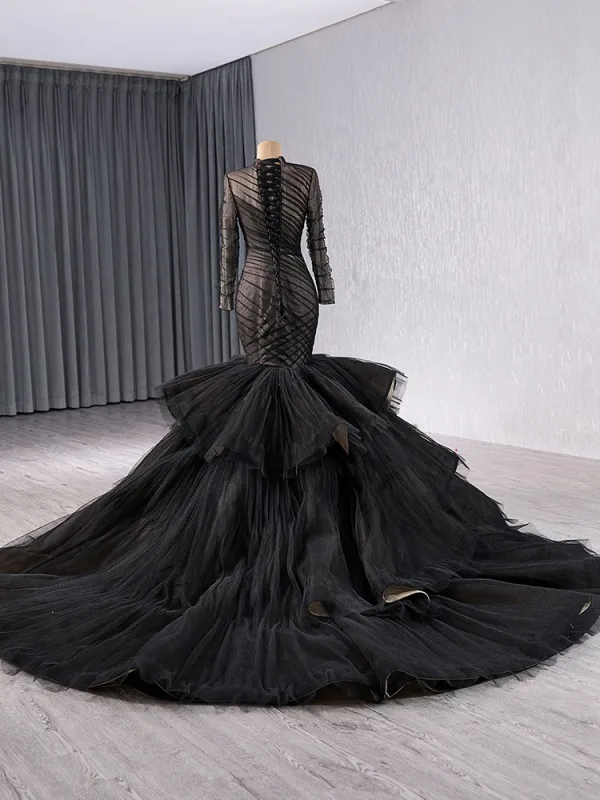 Musulmane Haut de Gamme Noire Trompette / Sirène Volants en Cascade Robe De Mariée 2024 Col Haut Manches Longues Chapel Train