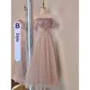 Chic / Beautiful Blushing Pink Glitter Bridesmaid Dresses 2023 A-Line / Princess Short Sleeve Backless Tea-length Bridesmaid Dresses