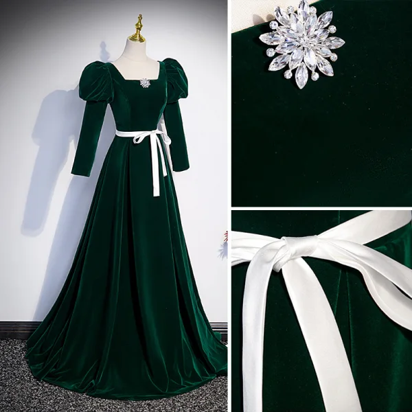 Elegant Suede Dark Green Prom Dresses 2023 A-Line / Princess Square Neckline 3/4 Sleeve Backless Bow Sash Floor-Length / Long Prom Formal Dresses