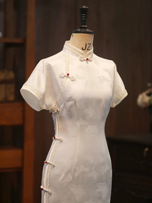 Chinese style White Printing Silk Evening Party Cheongsam 2024 Trumpet / Mermaid High Neck Short Sleeve Tea-length