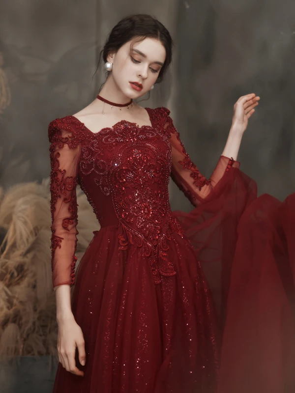 Classic Burgundy Beading Sequins Evening Dresses 2023 A-Line / Princess Square Neckline 3/4 Sleeve Backless Floor-Length / Long Evening Party Formal Dresses