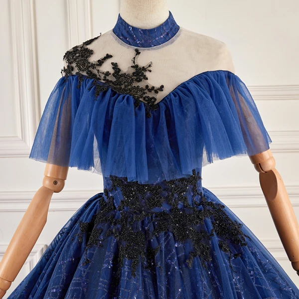 Vintage / Retro Navy Blue Beading Sequins Lace Flower Prom Dresses 2023 Ball Gown High Neck Short Sleeve Backless Floor-Length / Long Prom Formal Dresses