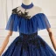 Vintage / Retro Navy Blue Beading Sequins Lace Flower Prom Dresses 2023 Ball Gown High Neck Short Sleeve Backless Floor-Length / Long Prom Formal Dresses