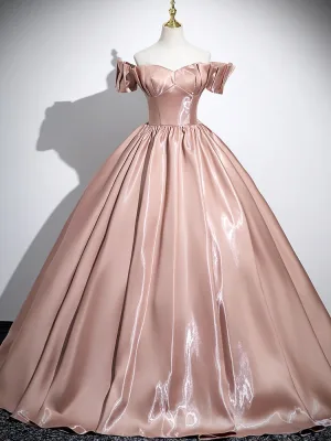 Élégant Champagne Satin Robe De Bal 2025 Robe Boule De L Épaule Manches Courtes Dos Nu Longue Promo Robe De Ceremonie