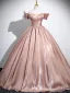 Elegant Champagne Satin Prom Dresses 2025 Ball Gown Off-The-Shoulder Short Sleeve Backless Floor-Length / Long Prom Formal Dresses