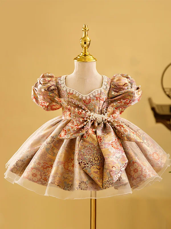 Fashion Blushing Pink Floral Pearl Short Flower Girl Dresses 2023 Ball Gown Birthday Square Neckline Short Sleeve