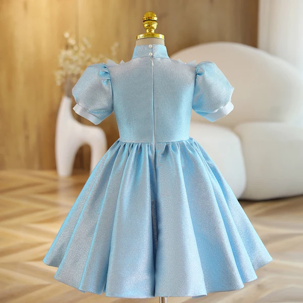 Chic / Beautiful Sky Blue Glitter Short Flower Girl Dresses 2022 A-Line / Princess Scoop Neck Pearl Short Sleeve Birthday Flower Girl Dresses