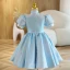 Chic / Beautiful Sky Blue Glitter Short Flower Girl Dresses 2022 A-Line / Princess Scoop Neck Pearl Short Sleeve Birthday Flower Girl Dresses