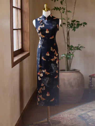 Chinese Stijl Zwarte Vlinder Het Drukken Zomer Tea Length Cheongsam 2024 Trompet Zeemeermin Hoge Kraag Mouwloos
