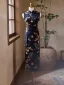 Chinese style Black Butterfly Printing Summer Tea-length Cheongsam 2024 Trumpet / Mermaid High Neck Sleeveless