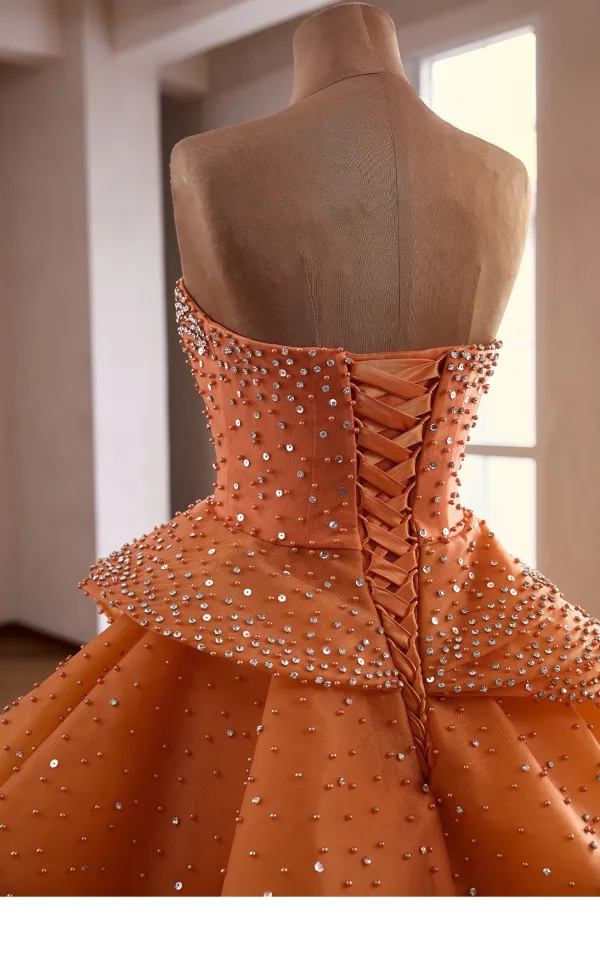 Mode Orange Fallende Rüsche Perle Pailletten Strass Ballkleider 2026 Ballkleid Bandeau Ärmellos Rückenfreies Sweep / Pinsel Zug Festliche Kleider