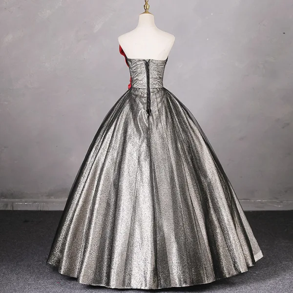 Unusual Grey Two Tone Satin Prom Dresses 2024 Ball Gown Strapless Sleeveless Backless Floor-Length / Long Prom Formal Dresses