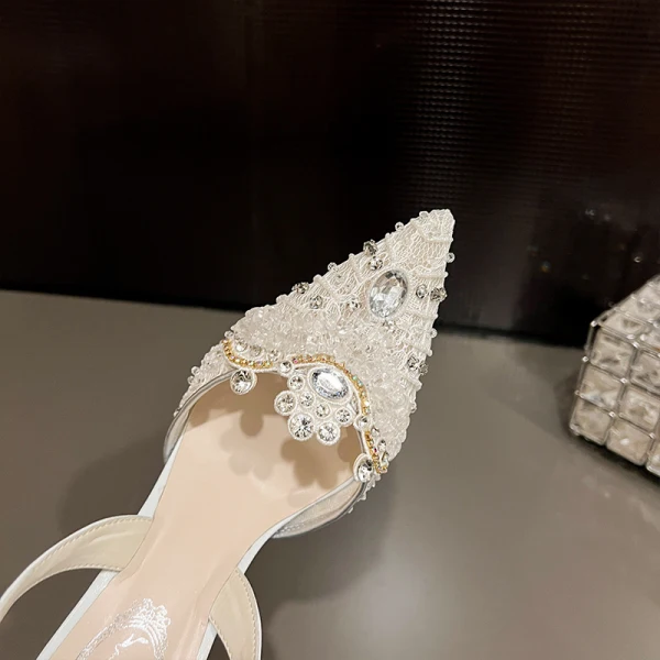 Charming Beige Lace Rhinestone Evening Party Womens Sandals 2024 Leather 10 cm Stiletto Heels Pointed Toe High Heels