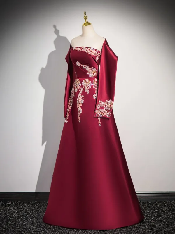 Chinese style Burgundy Beading Sequins Embroidered Satin Prom Dresses 2024 Ball Gown Strapless Removable sleeves Backless Floor-Length / Long Prom Formal Dresses