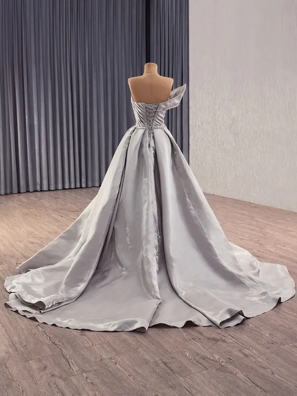 High End Grau Handgefertigt Perlenstickerei Strass Ballkleider 2025 A Linie Bandeau Ärmellos Rückenfreies Hof-Schleppe Festliche Kleider