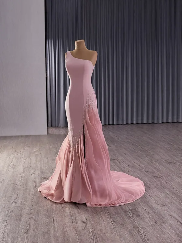High End Rosa Ballkleider 2025 Meerjungfrau One-Shoulder Ärmellos Rückenfreies Sweep / Pinsel Zug Festliche Kleider