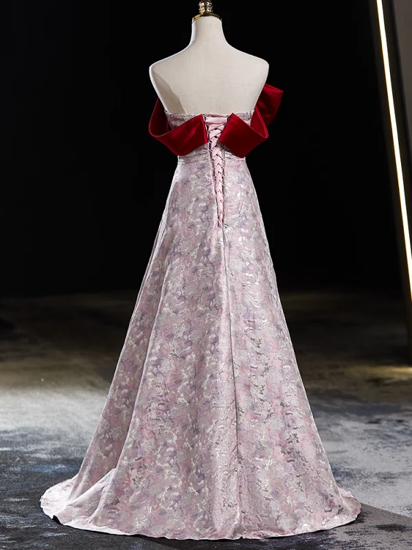 Chic / Beautiful Burgundy Printing Prom Dresses 2024 A-Line / Princess Off-The-Shoulder Bow Sleeveless Backless Floor-Length / Long Prom Formal Dresses