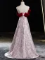 Chic / Beautiful Burgundy Printing Prom Dresses 2024 A-Line / Princess Off-The-Shoulder Bow Sleeveless Backless Floor-Length / Long Prom Formal Dresses