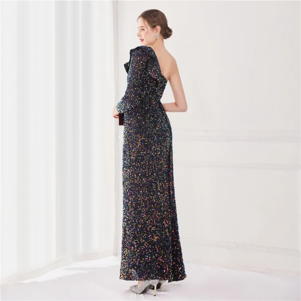 Sexy Lindgrün Pailletten Abendkleider 2022 Meerjungfrau One-Shoulder Lange Ärmel Rückenfreies Lange Gespaltete Front Abend Festliche Kleider
