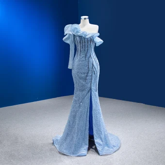 Haut De Gamme Charmant Bleu Ciel Perlage Paillettes Robe De Soirée 2023 Trompette Sirène Une Épaule Manches Longues Dos Nu Fendue Devant Train De Balayage Soirée Robe De Ceremonie