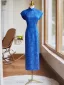 Chinesischer Stil Vintage Blau Wadenlang Cheongsam 2024 Meerjungfrau Stehkragen Kurze Ärmel