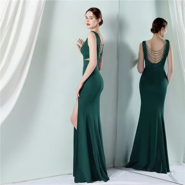 Sexy Black Beading Split Front Evening Dresses 2022 Trumpet / Mermaid V-Neck Sleeveless Backless Floor-Length / Long Evening Party Formal Dresses