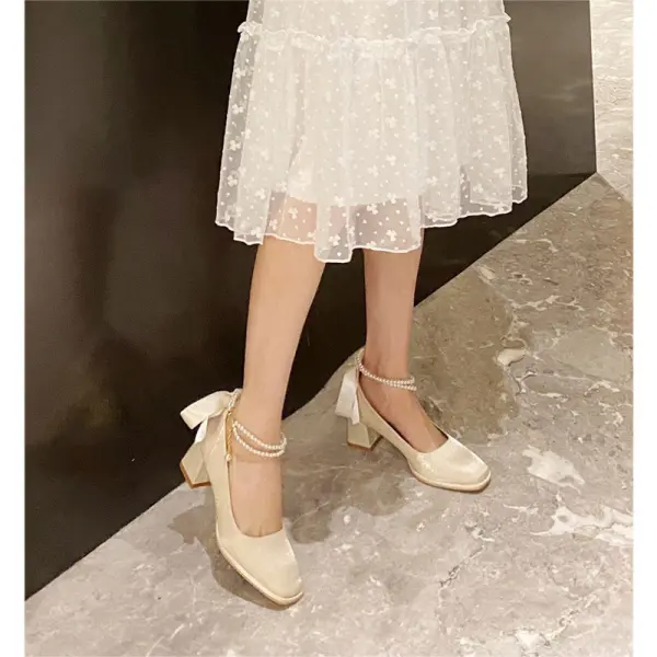 Vintage / Retro Beige Street Wear Womens Shoes 2022 Pearl Ankle Strap Bow 5 cm Thick Heels Square Toe Pumps High Heels
