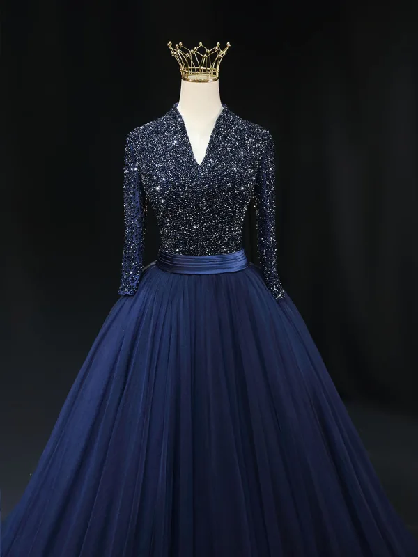 Vintage / Retro High-end Navy Blue Beading Prom Dresses 2024 Ball Gown V-Neck 3/4 Sleeve Backless Floor-Length / Long Prom Formal Dresses