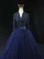 Vintage / Retro High-end Navy Blue Beading Prom Dresses 2024 Ball Gown V-Neck 3/4 Sleeve Backless Floor-Length / Long Prom Formal Dresses