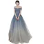Charmant Himmelblau Farbverlauf Perlenstickerei Ballkleider 2022 A Linie Off Shoulder Strass Pailletten Ärmellos Rückenfreies Lange Ball Festliche Kleider