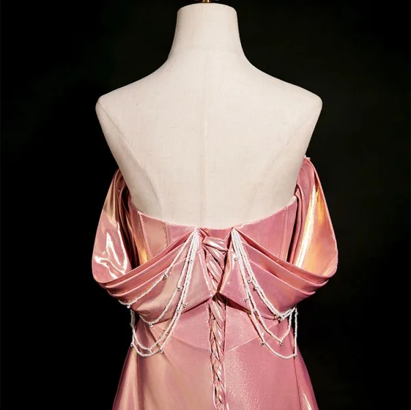 Schöne Rosa Perlenstickerei Applikationen Ballkleider 2025 A Linie Off Shoulder Ärmellos Rückenfreies Sweep / Pinsel Zug Ball Festliche Kleider