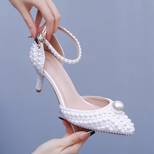 Élégant Blanche Perle Bride Cheville Chaussure De Mariée 2025 7 cm Talons Aiguilles À Bout Pointu Mariage Talons