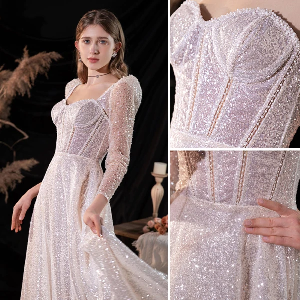Glitzernden Luxus / Herrlich Weiß Perlenstickerei Perle Pailletten Brautkleider / Hochzeitskleider 2022 A Linie Eckiger Ausschnitt Rückenfreies Lange Ärmel Sweep / Pinsel Zug Hochzeit