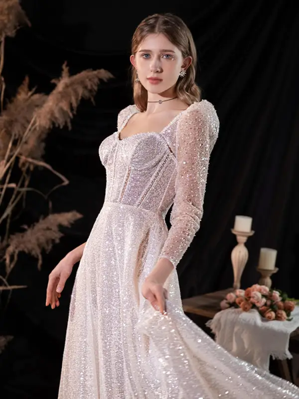 Glitzernden Luxus / Herrlich Weiß Perlenstickerei Perle Pailletten Brautkleider / Hochzeitskleider 2022 A Linie Eckiger Ausschnitt Rückenfreies Lange Ärmel Sweep / Pinsel Zug Hochzeit