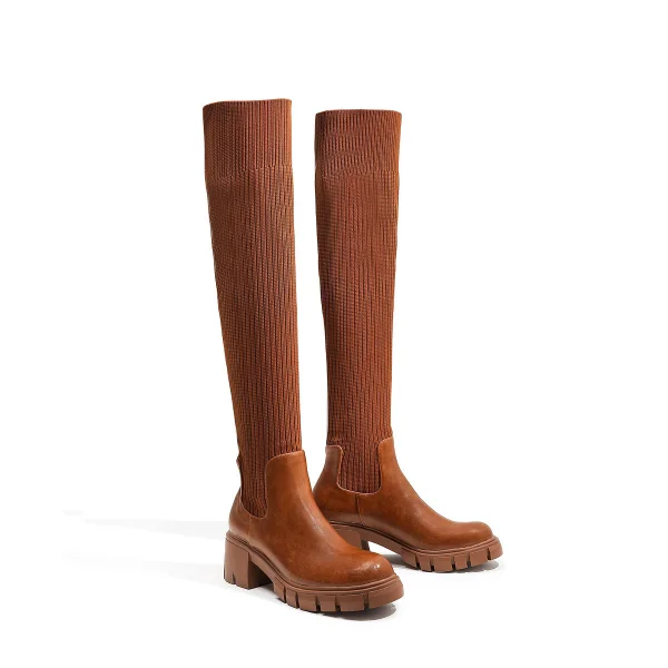 Fashion Brown Fall Winter Street Wear Sock Boots 2023 6 cm Thick Heels Round Toe Womens Boots