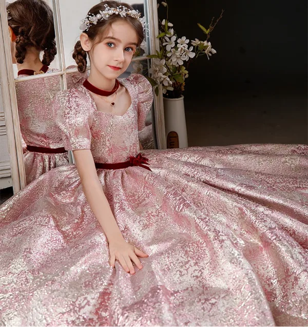 Lovely Blushing Pink Flower Girl Dresses Glitter 2024 Ball Gown Square Neckline Short Sleeve Bow Sash Floor-Length / Long