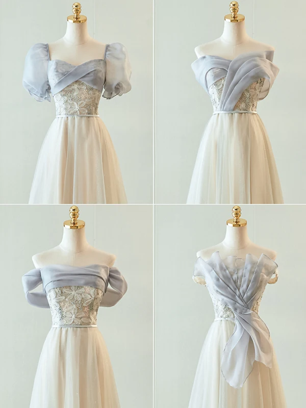 Chic / Beautiful Grey Beading Bridesmaid Dresses 2023 A-Line / Princess Short Sleeve Backless Floor-Length / Long Bridesmaid Dresses