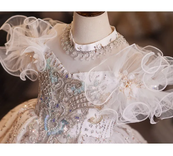 Bling Bling Champagne Beading Pearl Rhinestone Birthday Flower Girl Dresses 2025 Ball Gown Off-The-Shoulder Short Sleeve Backless Floor-Length / Long