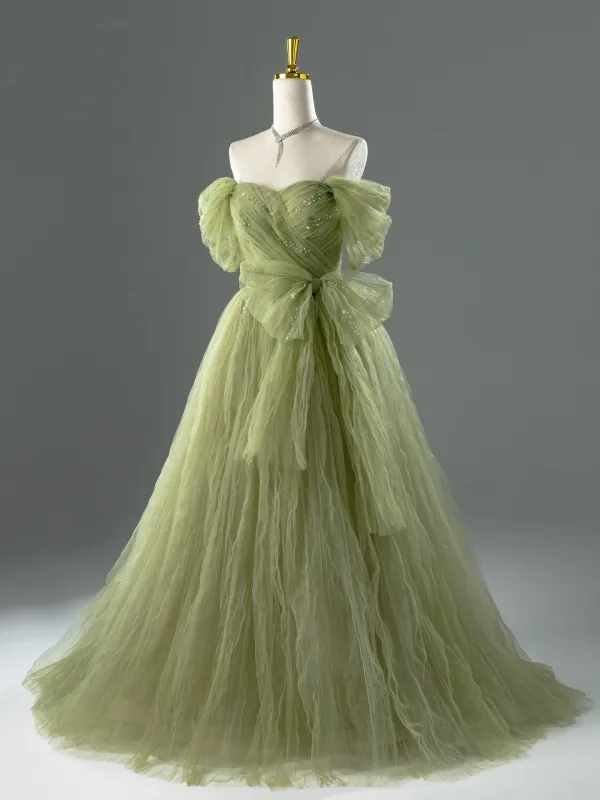 Chic / Beautiful Sage Green Beading Bow Prom Dresses 2026 A-Line / Princess Off-The-Shoulder Short Sleeve Backless Sweep Train Formal Dresses