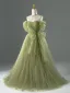 Chic / Beautiful Sage Green Beading Bow Prom Dresses 2026 A-Line / Princess Off-The-Shoulder Short Sleeve Backless Sweep Train Formal Dresses