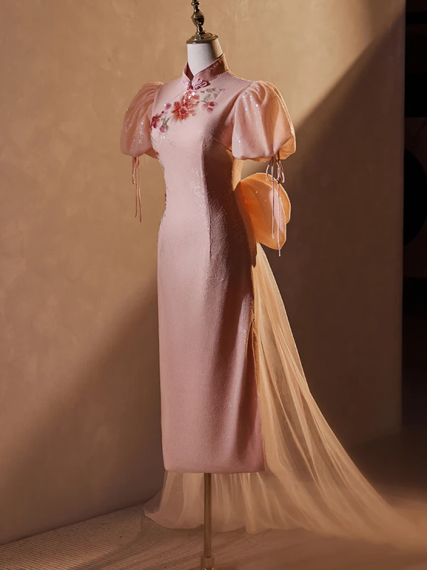 Chinesischer Stil Rosa Pailletten Cheongsam Abendkleider 2024 Meerjungfrau Stehkragen Geschwollenes Kurze Ärmel Schleife Wadenlang Abend Festliche Kleider