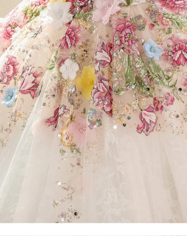 Chic / Beautiful White Beading Pearl Sequins Appliques Birthday Flower Girl Dresses 2025 Ball Gown Scoop Neck Sleeveless Backless Floor-Length / Long