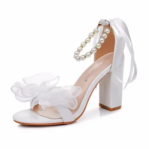Charming White Pearl Ankle Strap Bow Prom Womens Sandals 2025 9 Cm Thick Heels Open Peep Toe Sandals High Heels