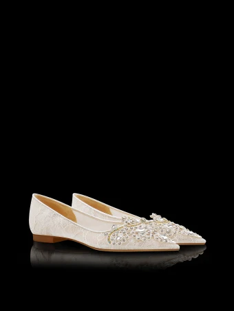 Élégant Blanche Faux Diamant En Dentelle Plate Chaussure De Mariée 2024 À Bout Pointu Mariage Talons