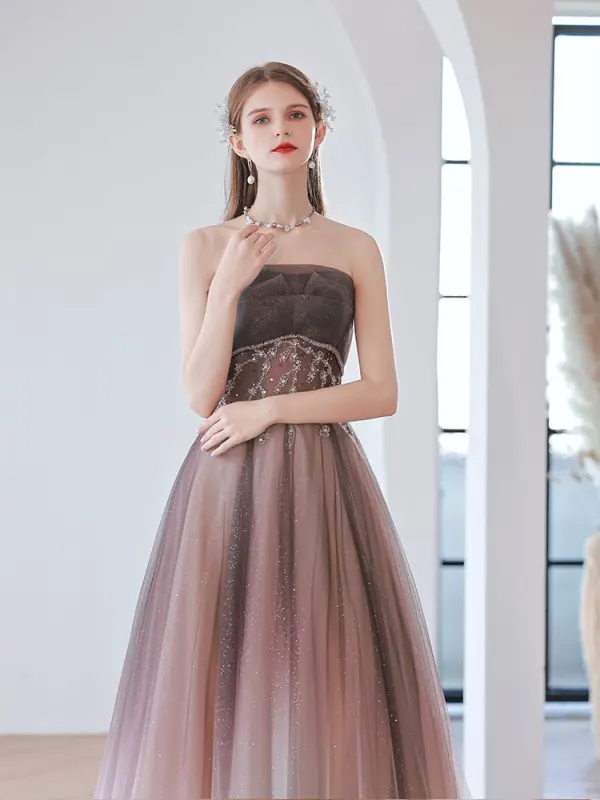 Chic / Beautiful Purple Rhinestone Sequins Prom Dresses 2022 A-Line / Princess Strapless Sleeveless Backless Floor-Length / Long Prom Formal Dresses